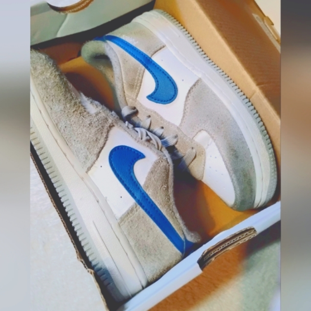 Nike AF1 In Gray Suede With Dark Blue Swoosh